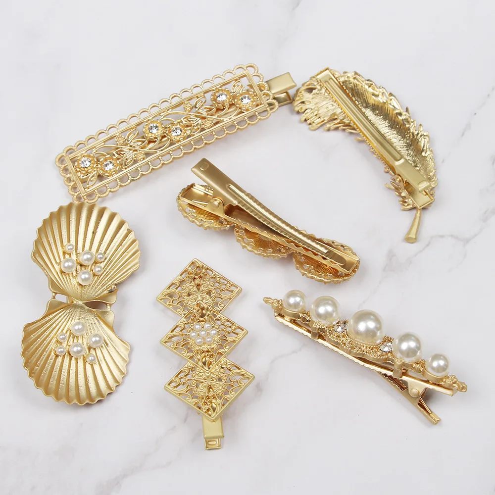 Классические винтажные ажурные зажимы типа крокодил с жемчугом женские золотые металлические перьями и ракушками для резьбы заколки волос девочек