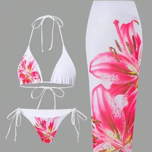Custom Sexy Floral Print Bikini High Waist Triangle Halter Sarong Women's Thong Swimwear Cover up with Front Logo 3-Piece Set