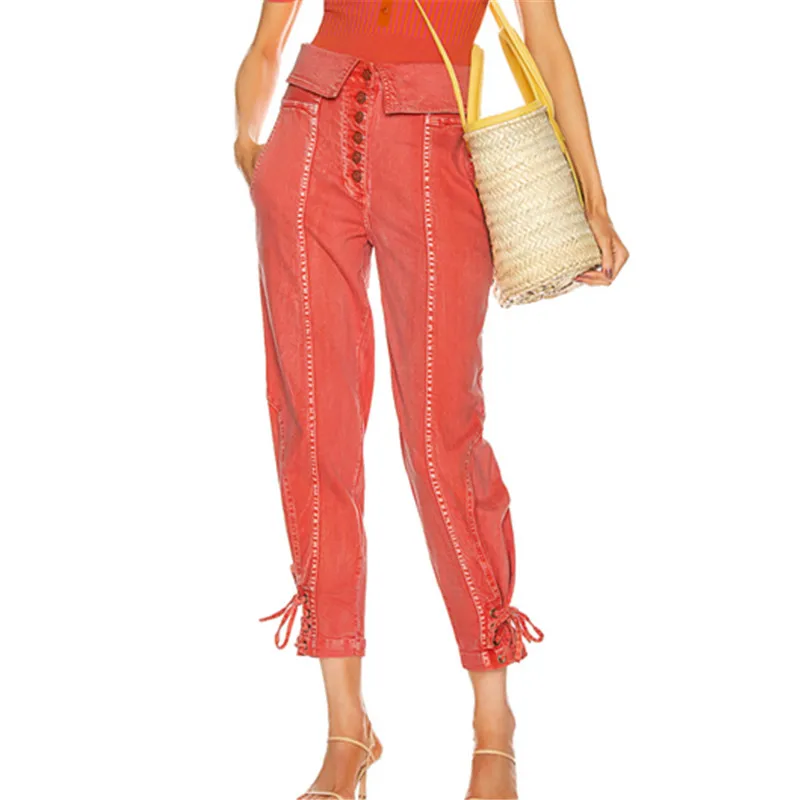 Coral Red Acid Wash Women Lace Up 