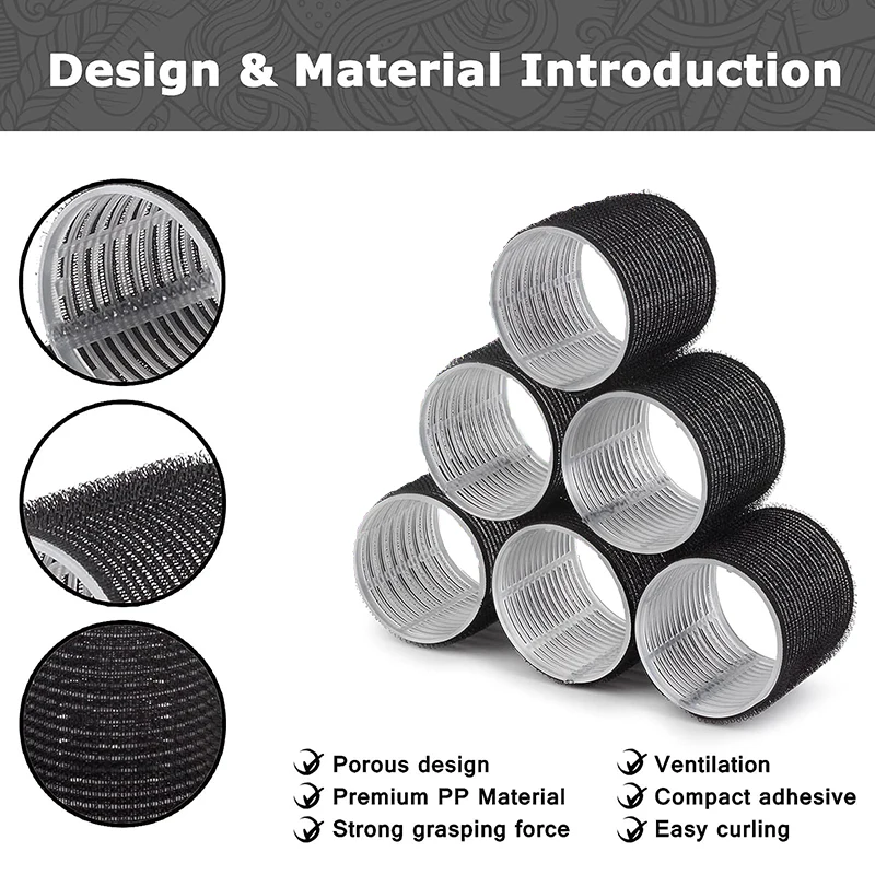 Factory Wholesale 16pcs Black Self Grip Hair Rollers Set Plastic Nylon Hair Rollers Set Heatless Hair Rollers with Clips