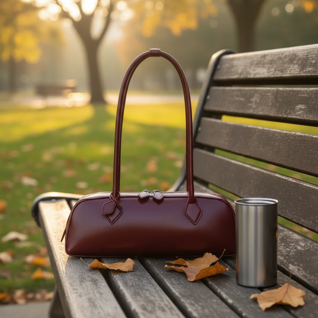 Burgundy Minimalist All Seasons Hobo Bag PU Leather Underarm Shoulder Handbag Single Strap Zipper Closure Polyester Lining for