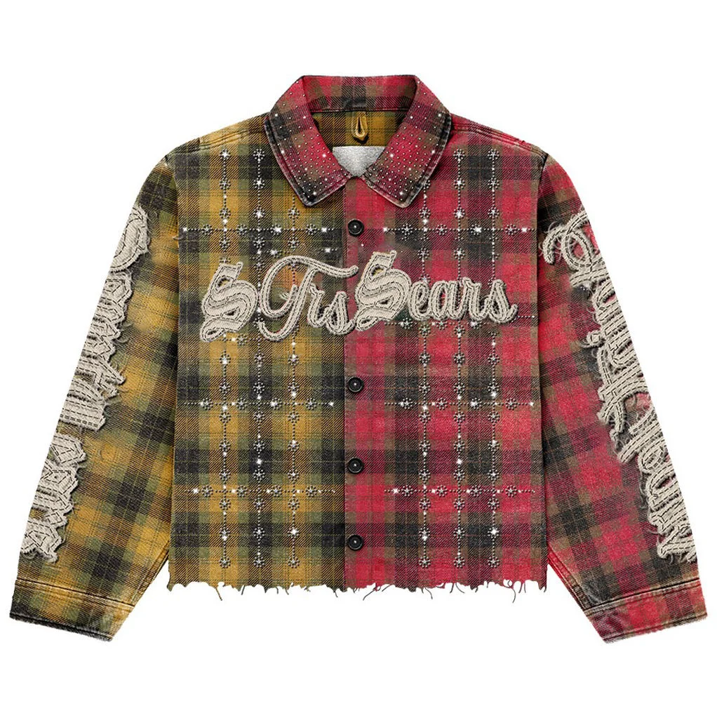 SALATI Custom Regular Fit Cropped Button up T-Shirt Long Sleeve Diamond Rhinestone Embroidery Distressed Check Cartoon Flannel gallery 4