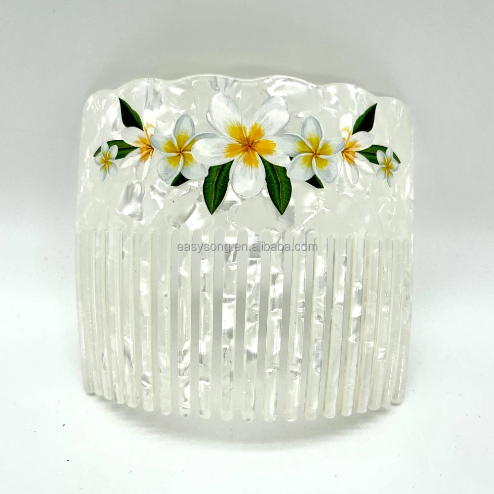 Women Combs Acrylic Hair Combs For Long Hair With Plumeria Frangipani