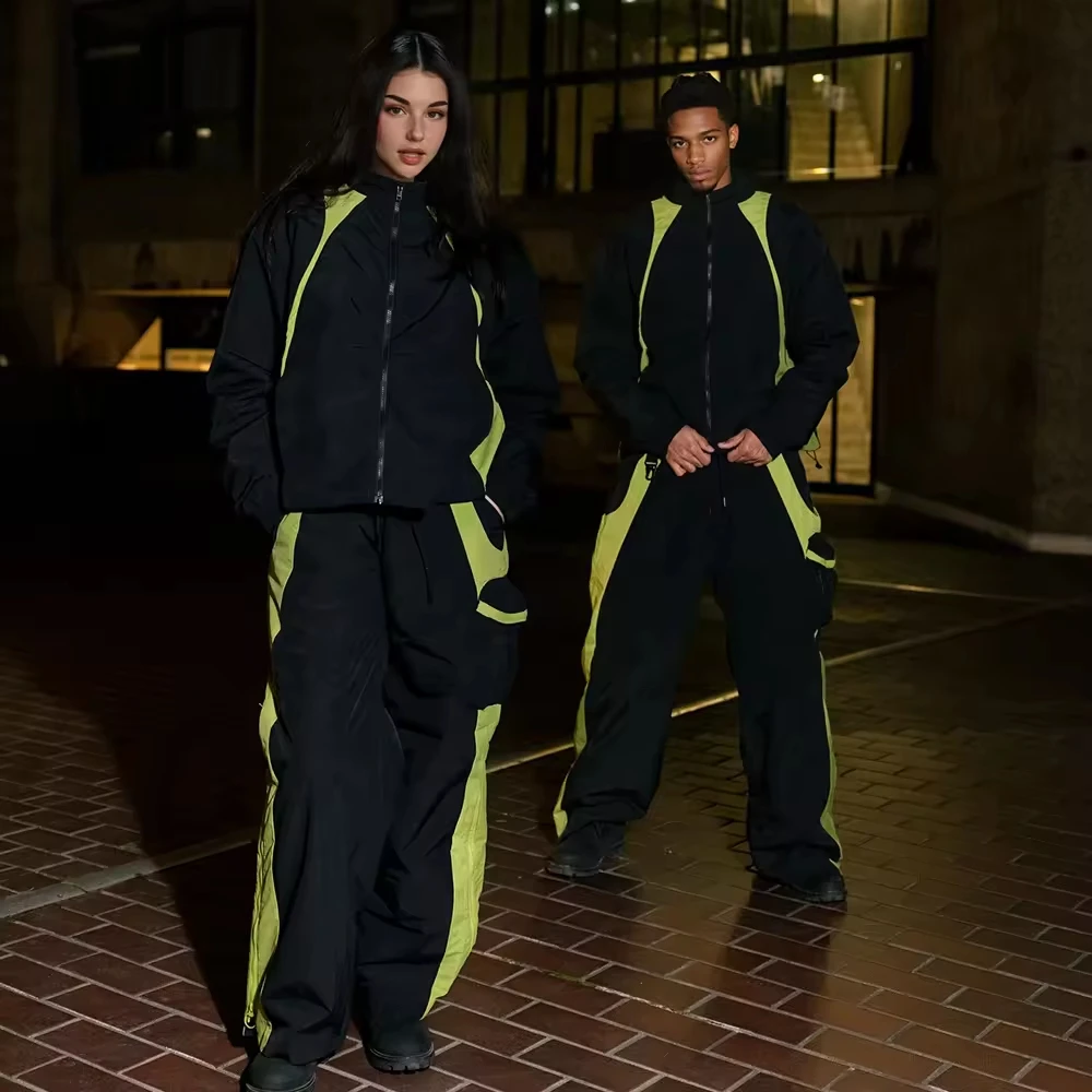 Custom Men's Women's Polyester Jogger Gym Sets Unisex Nylon Track Suit Zip Patchwork Jacket Pants Printed OEM Track Suits gallery 4