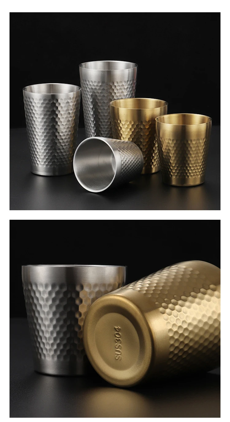 Hammer Pattern Non slip Double Wall Anti Scalding Gold Stainless Steel 304 Party Camping Cola Water Tea Coffee Beer Mug Cup Set