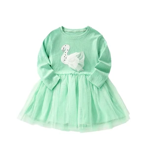 Customizable Autumn New Style Girls Princess Tulle Dress Casual Long Sleeve Fresh Green Color Children Dress