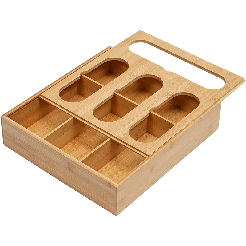 Wholesale Bamboo Ziplock Food Bag Storage Box Plastic Bags Organizer for Kitchen Drawer Organizers