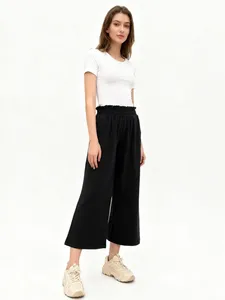 Women's Black Mid Elastic Waist Wide Leg Cropped Pants Casual Regular French Terry Plain Dyed Autumn Comfortable Trousers