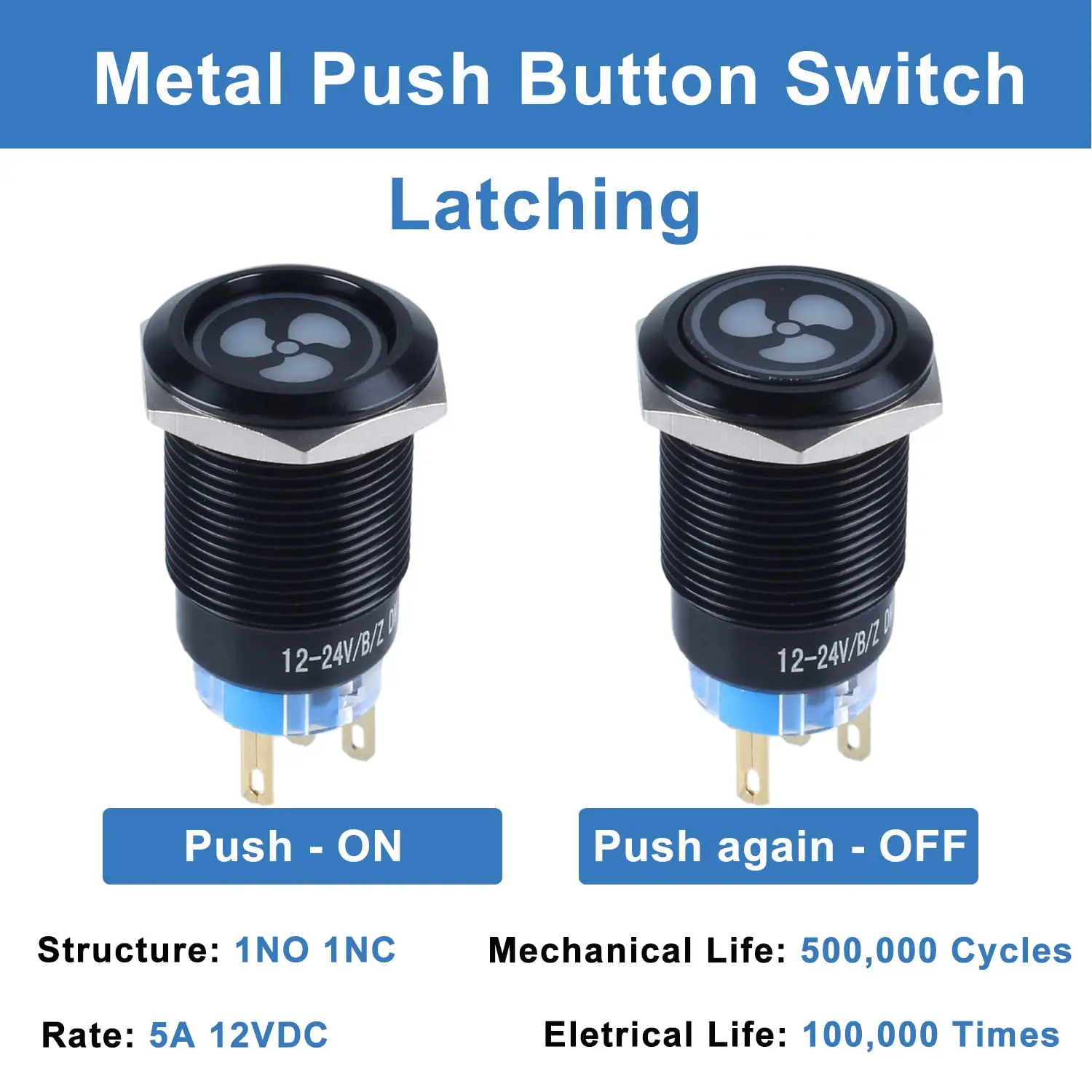 19mm 12v 5a Led Latching Metal Push Button Switch For Auto Car Marine