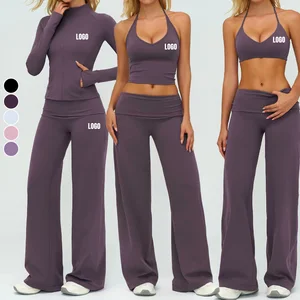 New Trend Women's Quick Drying 4 Pieces Gym Sets Folding Waist Skin Friendly Naked Feeling Breathable Sports Fitness Sets