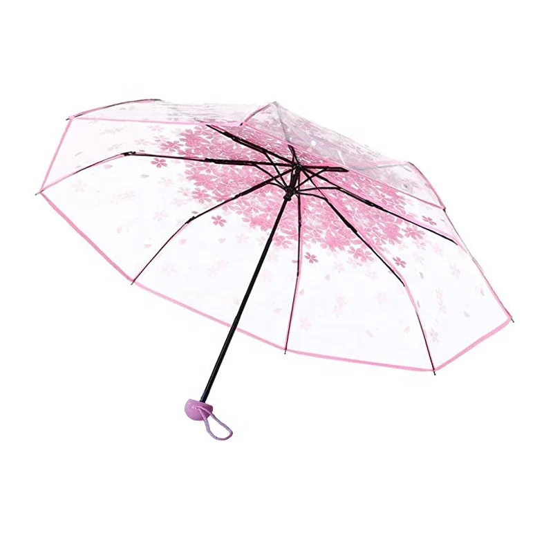 Marvellous Parapluie Pliant Bleu Parapluie Fille Parapluie Pliant Transparent à la Mode Princesse Parapluie Compact Clair Romantique Parapluie de Fleur de Cerisier Quatre Couleurs 