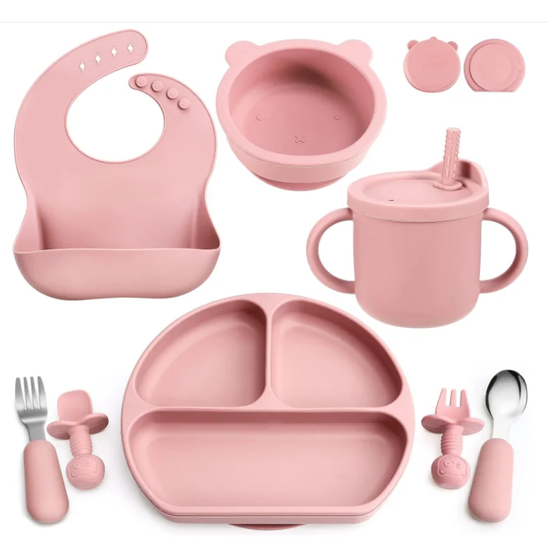 Baby Tableware Set Silicone Suction Plate Baby Bib Drinking Cup Fork Spoon Silicone Baby Feeding Set BPA Free Food Grade Silicon
