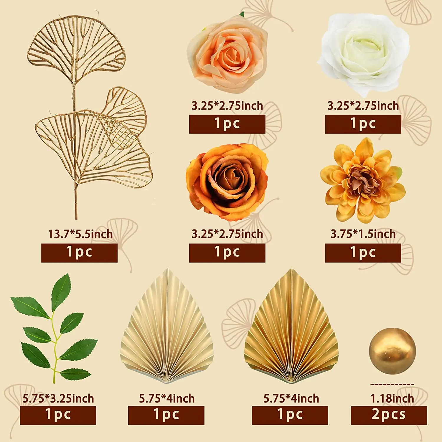 Wholesale Gold Palm Leaves Paper Fan Faux Rose Flower Balls Cake Topper