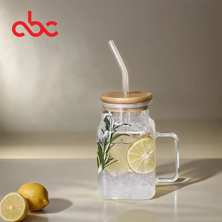 Glass With Handle Square Shape Bamboo Lid Laser Milk Tea Cup Colorful ...