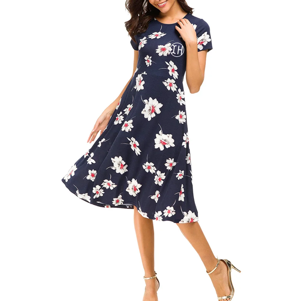 Online Retailer High Quality Women Casual Beach Dresses Fashion Floral  Printed Midi Dresses O Neck Short Sleeve Dress