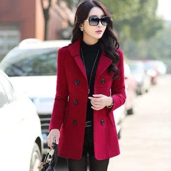 New Woolen Coat Women New Solid Color Wool Korean black red beige khaki jacket