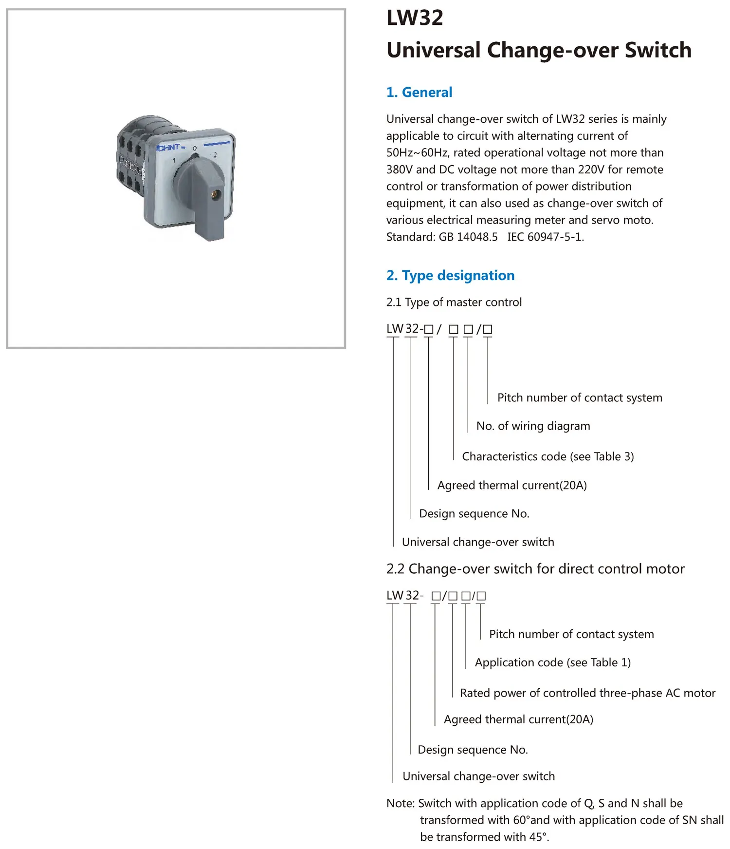 Chint original LW32 LW32-20 LW32-20/YH3/3 LW32-20/D202/2 LW32-10/3 LW32-25/3 LW32-32 LW32-63 CHNT Universal Changeover Switch