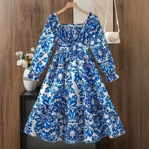 Fall Fashion Floral Printed Elegant Long-Sleeved Girls Knee-Length Beach Silhouette Square-Neck Cotton Dress 8-12 Years Kids ODM