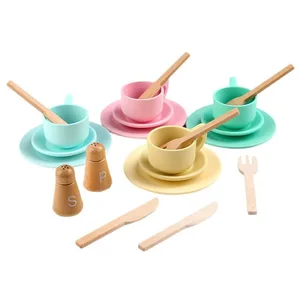 Early Education Wooden Pretend Play Tea Set for Kids with Teapot Cups Coffee Maker for Afternoon Tea Role Play Kitchen Food Toys