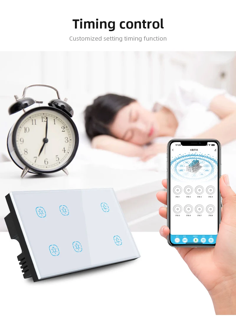 UK Wall Switch 6 Gang Tuya Smart Zigbee Glass Touch Sensing Switch APP Remote Control Timer Control Switch