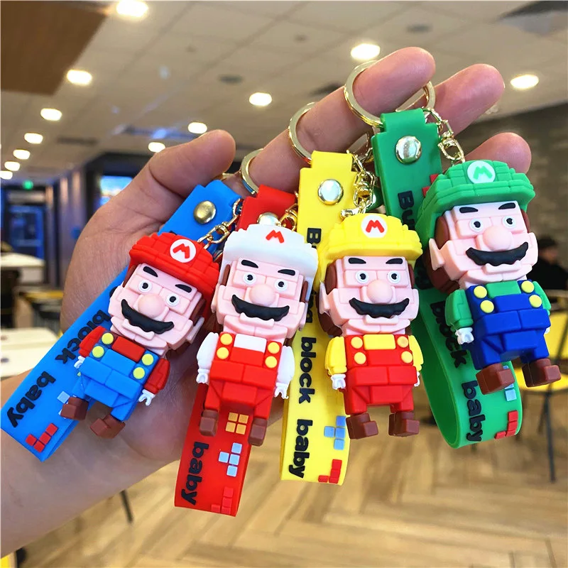 3D Cartoon Building Block Mario Keychain With Wrist Strap Wholesale Cute Car Key Chain Decorationsn Gift