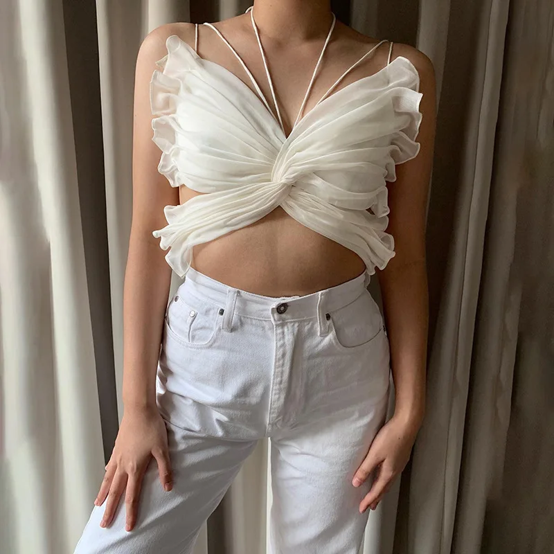 White Tank Top Y2K: Chiffon Butterfly Crop Top Backless