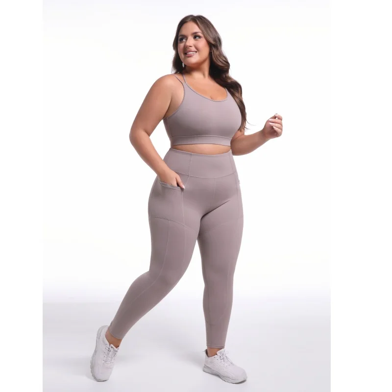 Pielāgota liela izmēra Activewear Sieviešu 1Xl-6Xl Sviesta Soft Workout fitnesa trenažieru zāle jogas apģērbs sporta krūšturis jogas bikses ar kabatas konjuntiem