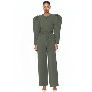 New Pocket Bubble Sleeve Spring and Autumn Walk Waist  Jumpsuit Straight Leg Pants  Women
