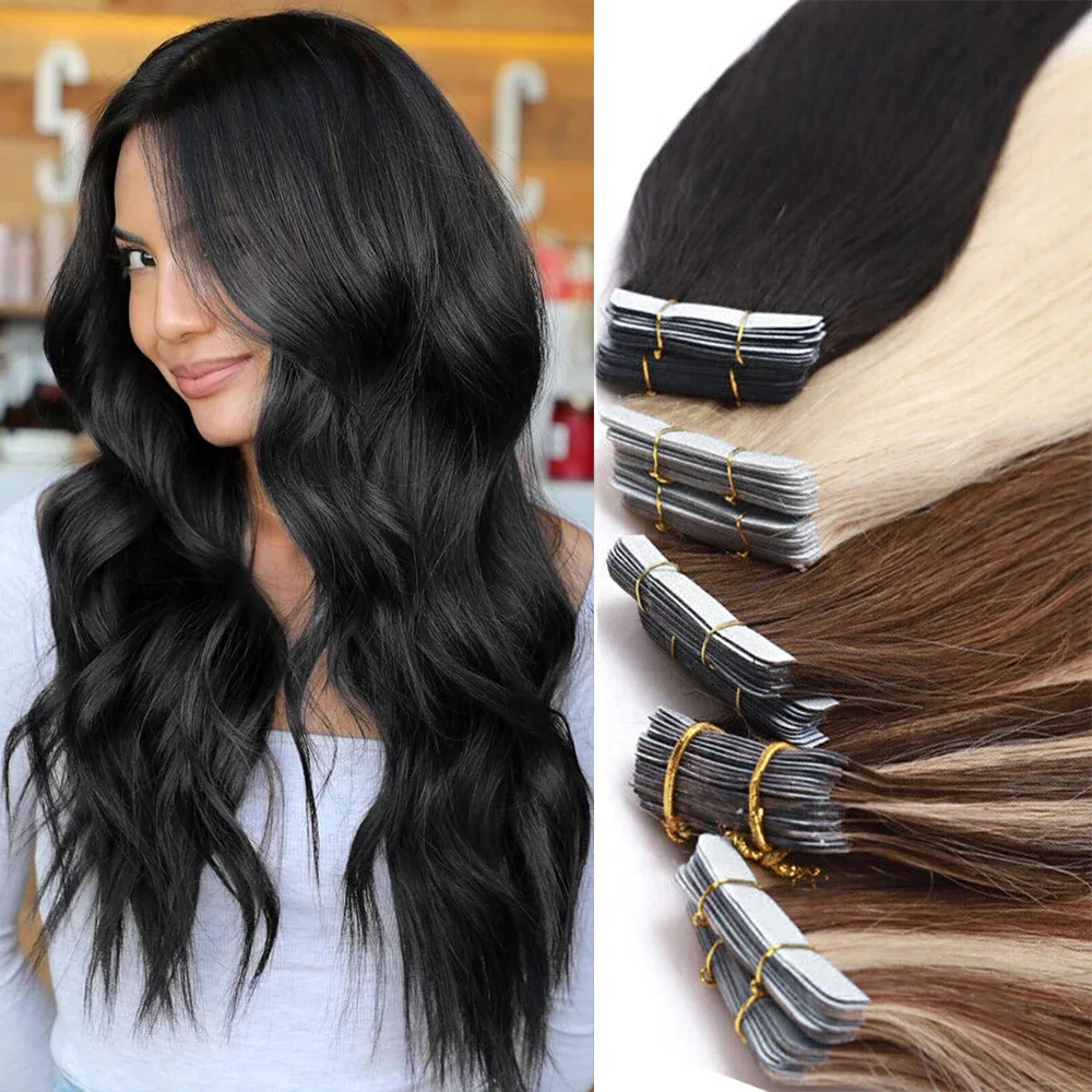 Brazilian Remy Human Hair Extensions Skin Weft Adhesive Glue Straight Tape In 100% Real Hair 50G 20 Pcs_voghion.com