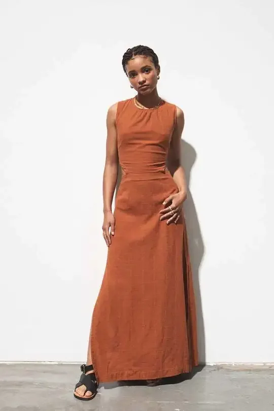 Sexy Undefined Triangle Backless Maxi Dress Crew Neck Sleeveless Side Slip Cotton Linen Women Long Dress