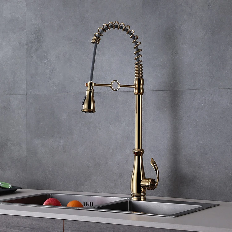 Grifo monomando para fregadero de cocina con resorte extraíble montado en cubierta dorada