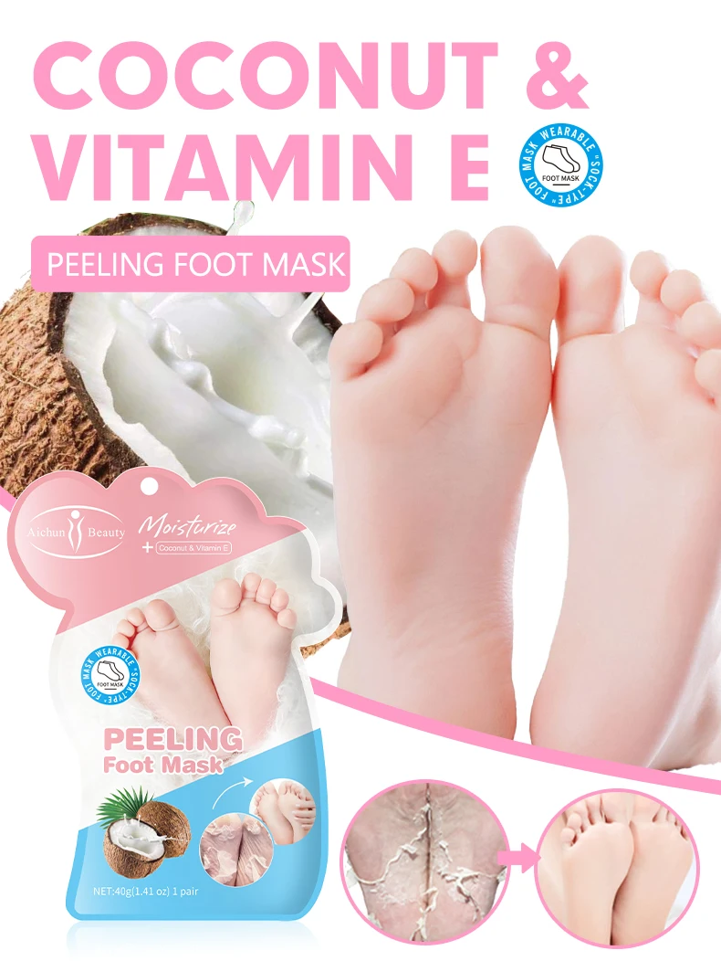 Wholesale Coconut & Vitamin E Peeling Foot Mask Sock with Hyaluronic Acid for Moisturize Smooth Repair and Soften Cracked Heels