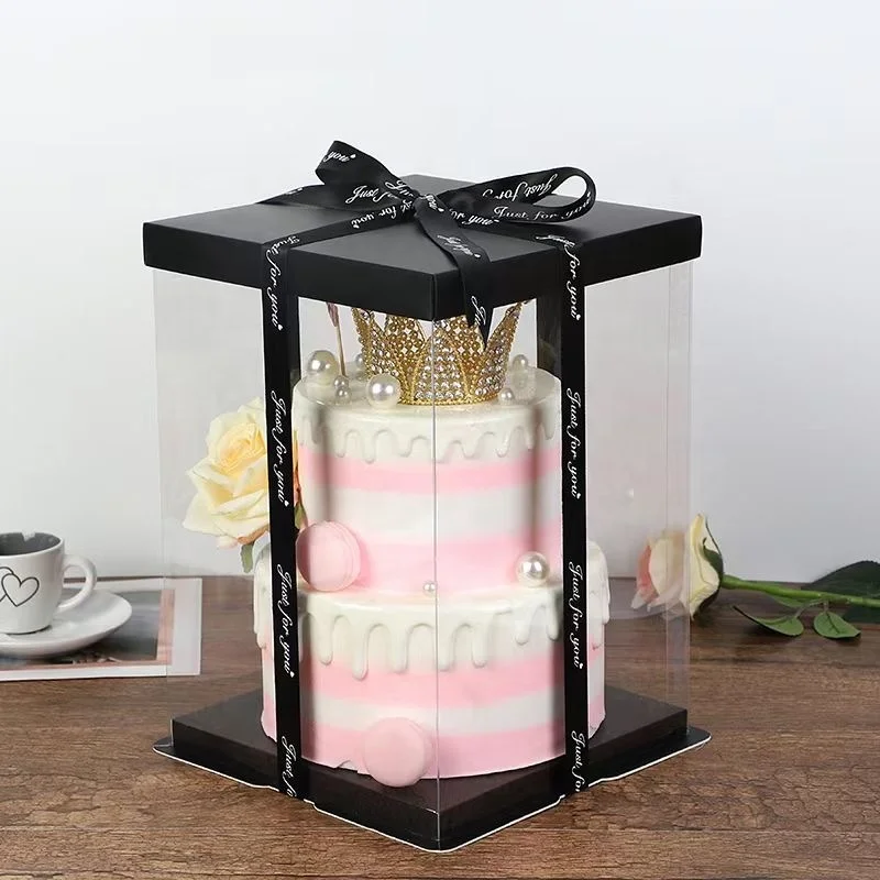 Transparent clear Plastic Cake Box with Ribbon and Print Flower Round Gift Box White Black Blue pink Gold Silver