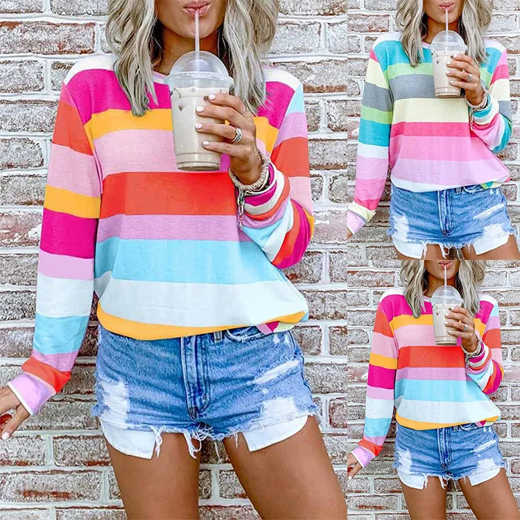 Kiminana Womens Stripe Long Sleeve Blouses Fashion Rainbow Print Tops T-Shirts