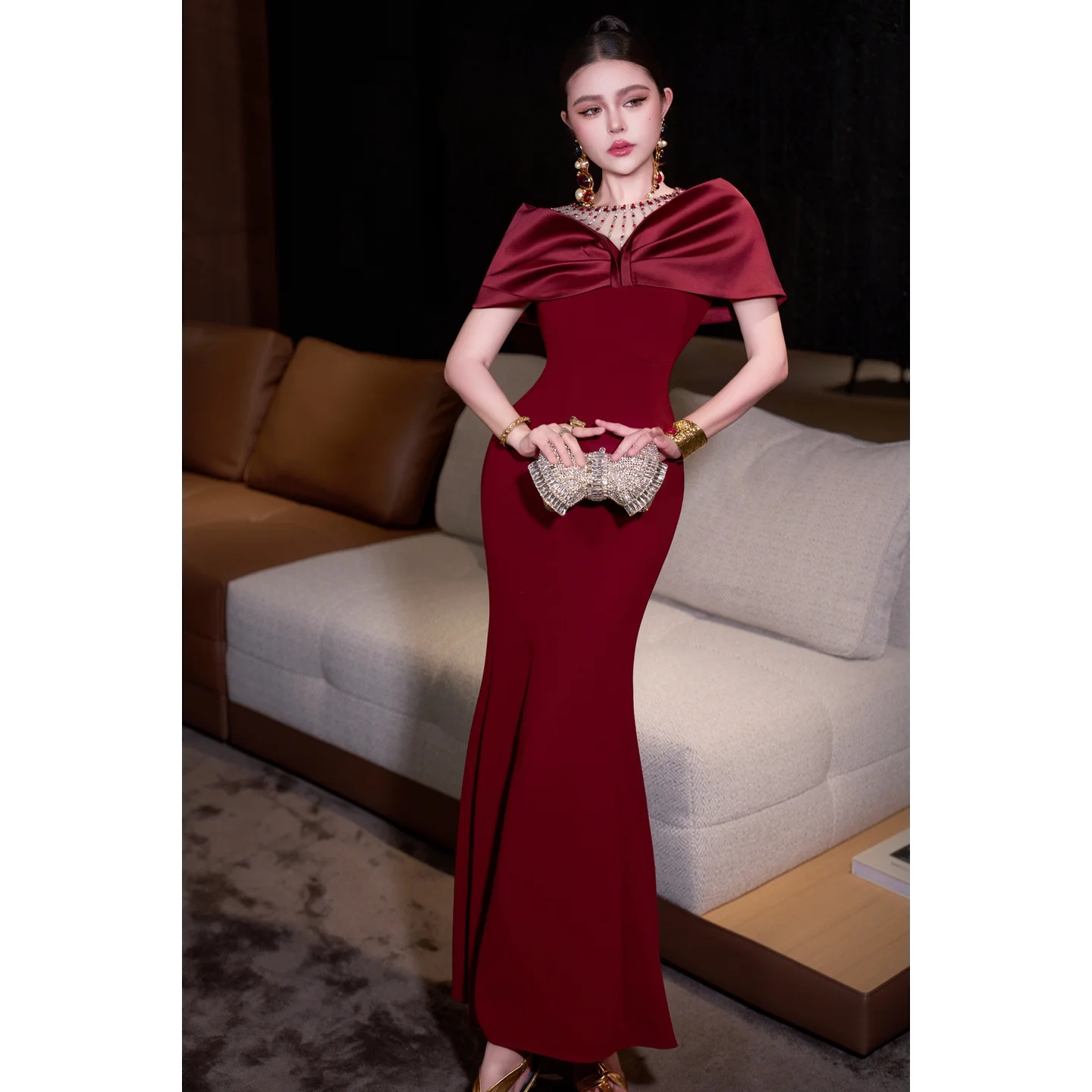 Elegant Fashionable Breathable Light-luxury High-end V-neck Slim Fit High Waist Polyester Fishtail Long Dress Women Red