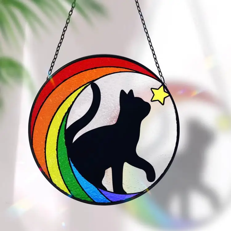 Rainbow Cat  Suncatcher Smart Stained Glass  Wall Hanging colorful