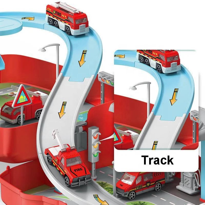 Kid Pretend Play Track Parking Lot Toy Backpack Model DIY Assembly Ramp Track Lifting Parking Garage Play Set with Alloy Vehicle