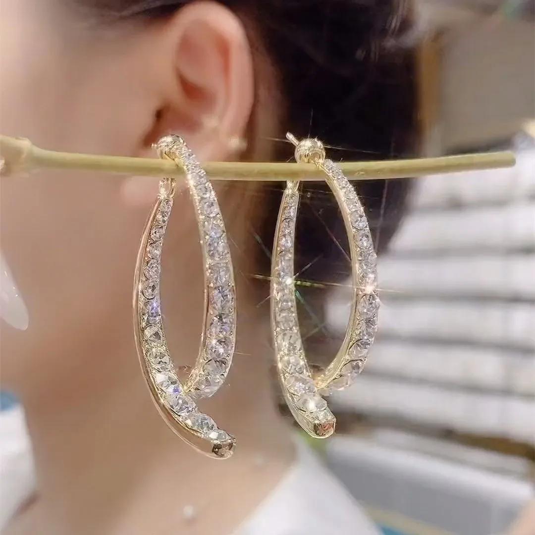 SC New Korean Style Fashion Earrings Cross Zircon Curved Earrings Creative Gold Plated Front Back Exchangeable Diamond Earrings