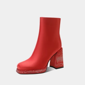 Red Satin Fashion Ankle Boots with Embellished Block Heels and Zip Closure Rhinestone Accentuated Bootie