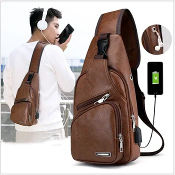 Cheap waterproof PU chest bags with USB charging port fashion vegan leather messenger bag for mens bags chest shoulder