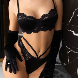 Luxury Solid Suede Lace Underwear with Long Gloves Sets Sexy Outfits Intimate Sensual Lingerie Delicate Sets Hot Sex Clothes