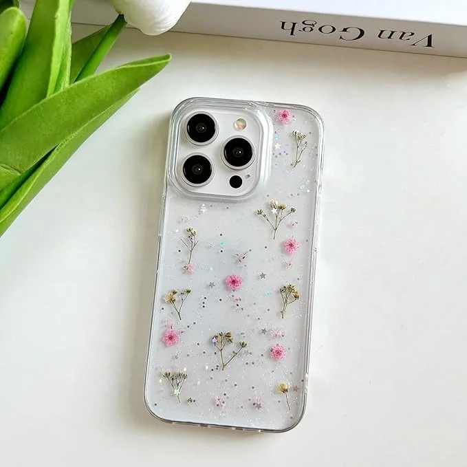 Laudtec Cute Clear Pressed Real Flowers Design Phone Case for iPhone 15 pro max Flexible TPU Shockproof Cove Case