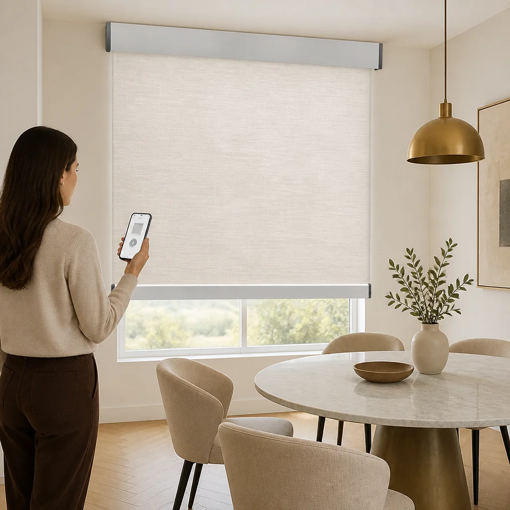 Motorized Roller Shades Cream White RF Remote Smart App Alexa Google Square Headrail Custom Size Dining Room Hotel OEM