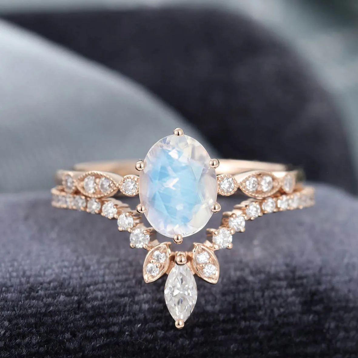 925 Sterling Silver Engagement Wedding Ring with Moonstone