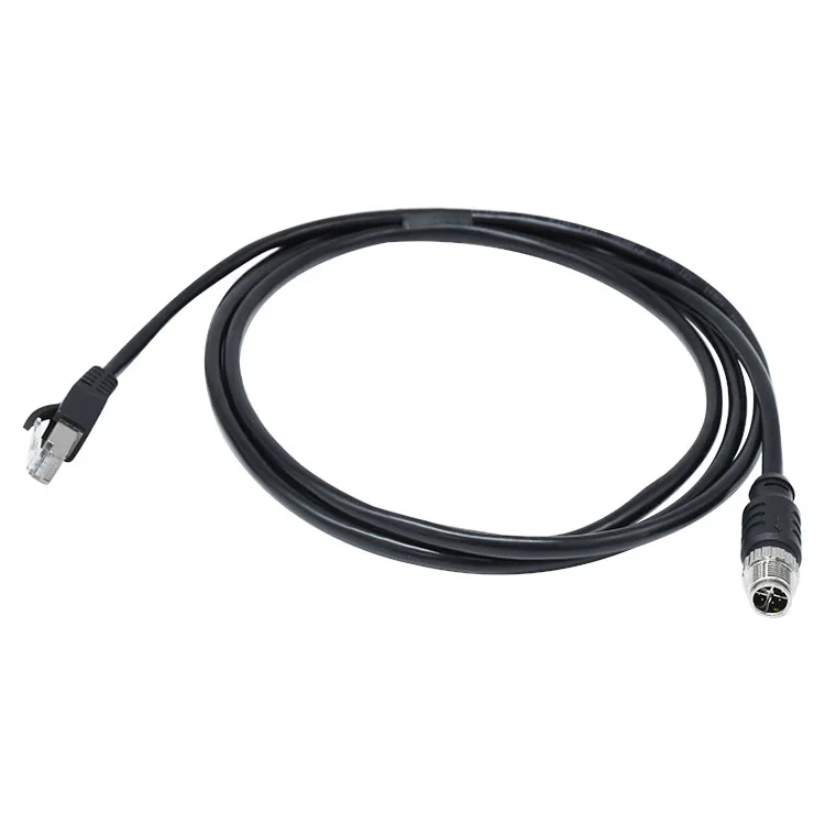M12 DIN 8-Pin Waterproof IP67 Industrial Male Plug Cable to RJ45 Straight Connector with Nylon Housing and Brass Gold Plating