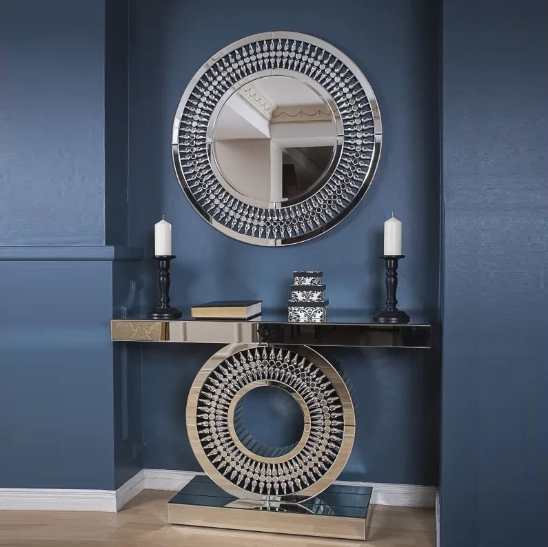 2022 Luxury Mirrored Console Table Half Moon Shaped Hallway Table Classic Konsole With Round