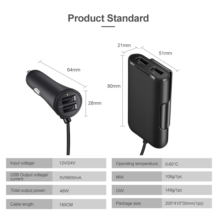 Мобильный телефон 48 Вт 7.3A 4 порта usb Автомобильное зарядное устройство с кабелем для задней панели