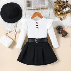 Autumn/Winter Kids Girls Solid Plus Size Casual 3pcs Set Long Sleeve Tops Ribbed Ruffled Trim A-Line Skirt Belt Canvas Children