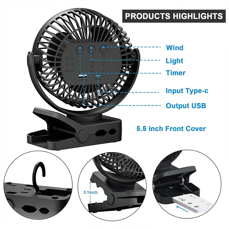 12000mAh Multifunction Outdoor Clip-on Stroller Fan Charging Desktop Table Usb Portable Rechargeable 6 Inch Clip Fan With Timer