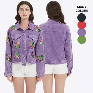 Popular Mardi Gras Crop S Women Sequining Iris Desgin Corduroy Shacket For Fall